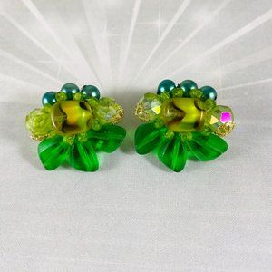 Vintage West Germany green cluster clip earrings